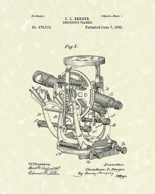 Berger Art Print featuring the drawing Engineer's Transit 1892 Patent Art by Prior Art Design