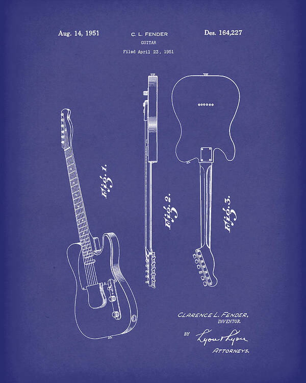 Clarence L. Fender Art Print featuring the drawing Fender Guitar 1951 Patent Art Blue by Prior Art Design