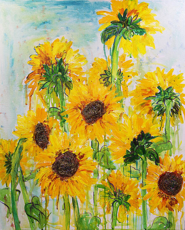 Sunflowers Art Print featuring the painting Field of Sunflowers by Sally Quillin