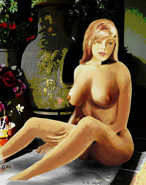Original Art Print featuring the painting Fine Art Female Nude Jess Sitting On The Patio by G Linsenmayer