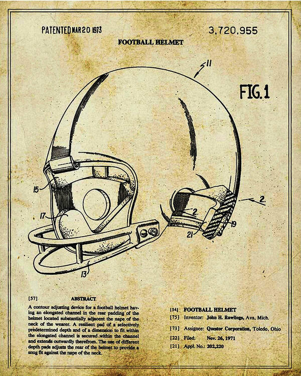 Football Helmet Art Print featuring the mixed media Football Helmet Patent Blueprint Drawing Tan by Tony Rubino