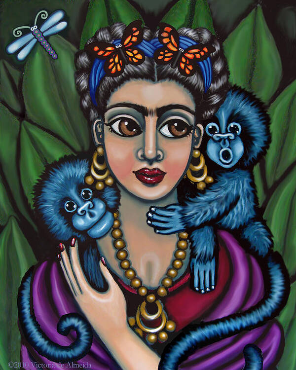 Mexican Folk Art Art Print featuring the painting Frida's Monkeys by Victoria De Almeida