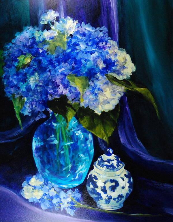 Blue Art Print featuring the painting Glowing Hydrangeas by Donna Pierce-Clark