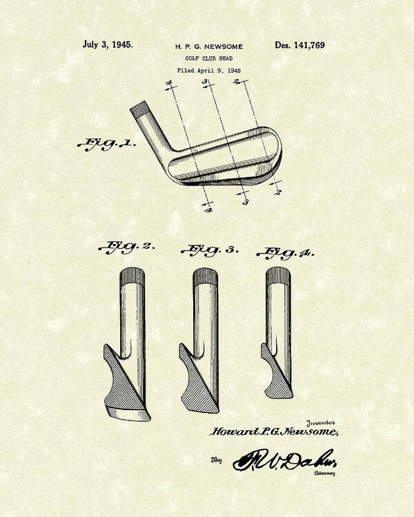 Newsome Art Print featuring the drawing Golf Club 1945 Patent Art by Prior Art Design
