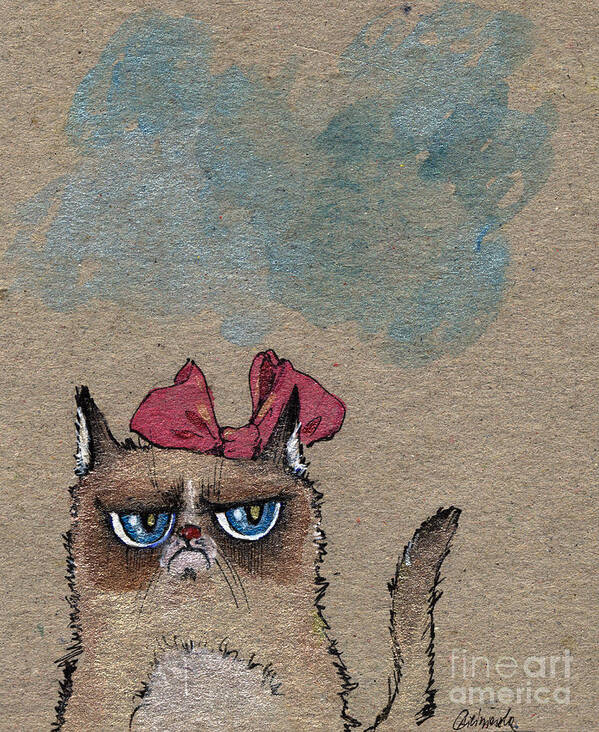 Cat Art Print featuring the painting Grumpy Cat With Red Ribbon by Ang El