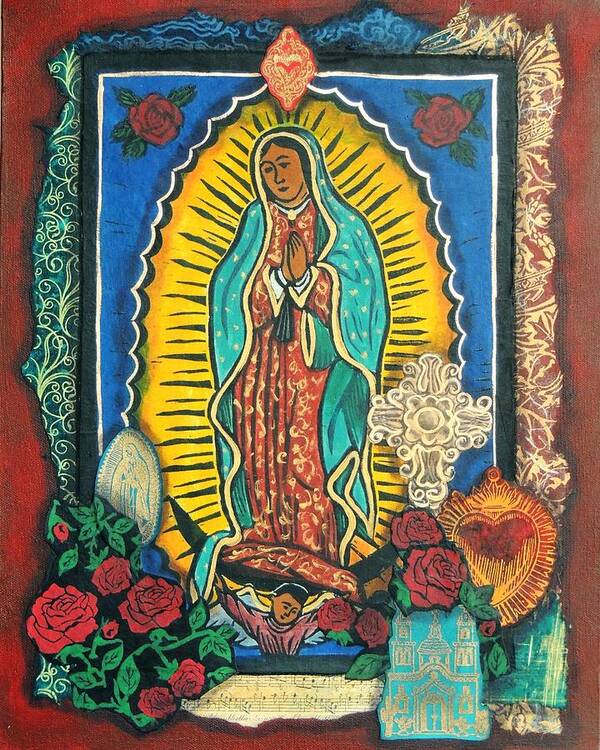 Collage Art Print featuring the mixed media Guadalupe Collage in Red by Candy Mayer
