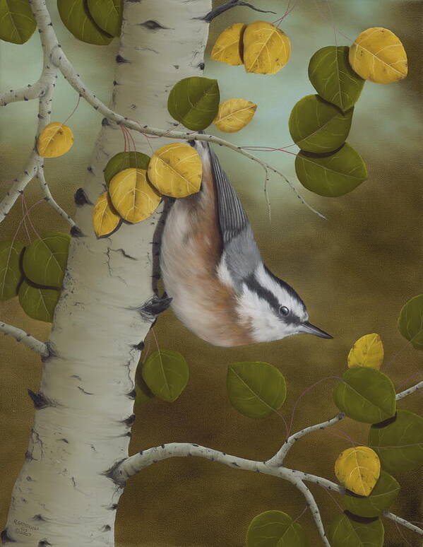 Animals Art Print featuring the painting Hanging Around-Red Breasted Nuthatch by Rick Bainbridge