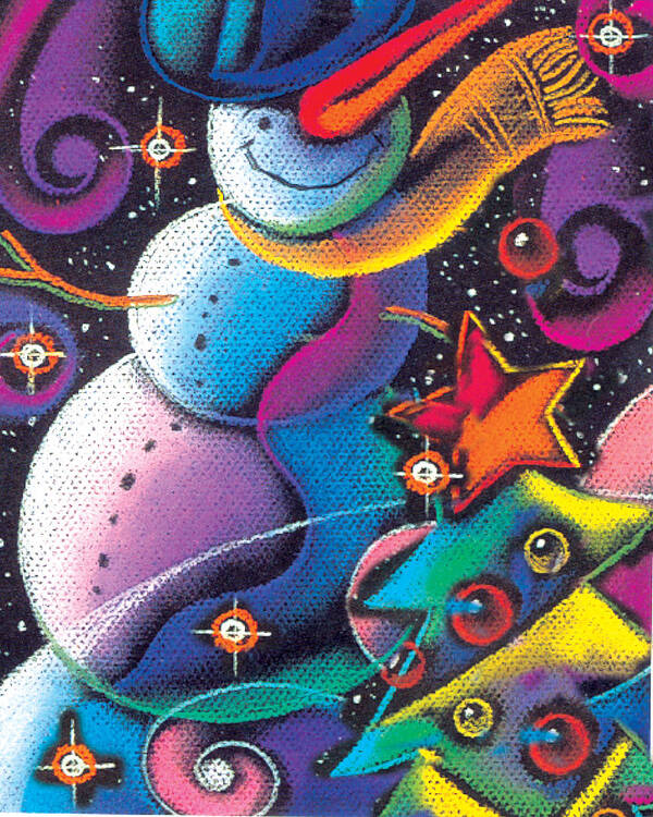 Amusement Celebrate Celebration Childhood Christmas Christmas Card Christmas Tree Christmas Trees Decorate Decoration Decorations Festive Greeting Greetings Holiday Holidays Joy Joyous Season Seasonal Seasons Snowman Winter Fine Art Painting Christmas Eve Modern Art Art Print featuring the painting Happy Christmas by Leon Zernitsky