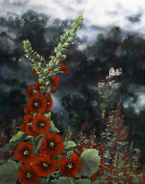 Flowers Art Print featuring the painting Hollyhocks by Lynette Yencho