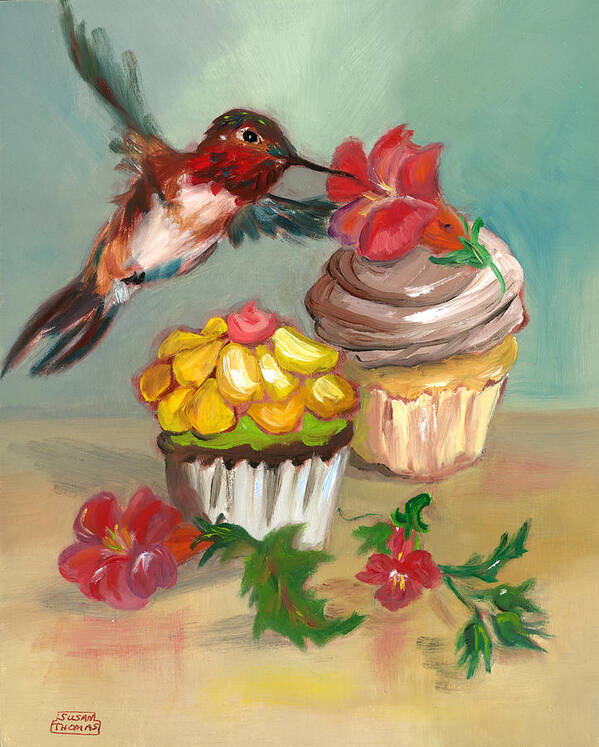 Hummingbird Art Print featuring the painting hummingbird with 2 Cupcakes by Susan Thomas