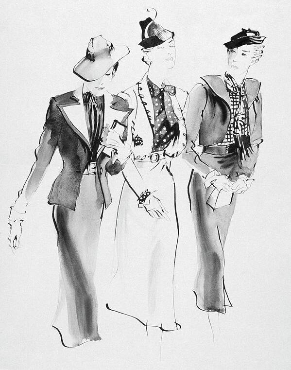 Fashion Art Print featuring the digital art Illustration Of Three Women Wearing Skirt Suit by Rene Bouet-Willaumez