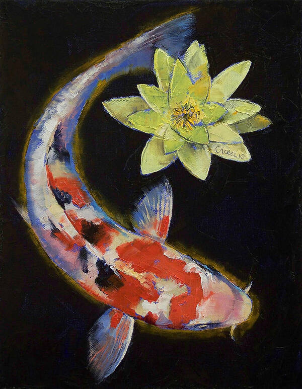Koi Art Print featuring the painting Koi with Yellow Water Lily by Michael Creese