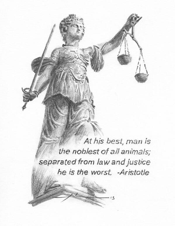 <a Href=http://miketheuer.com Target =_blank>www.miketheuer.com</a> Lady Justice Statue Pencil Portrait Art Print featuring the painting Lady Justice Statue Pencil Portrait by Mike Theuer