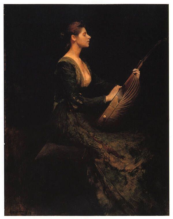 Thomas Wilmer Dewing Art Print featuring the painting Lady with a Lute by Thomas Wilmer Dewing