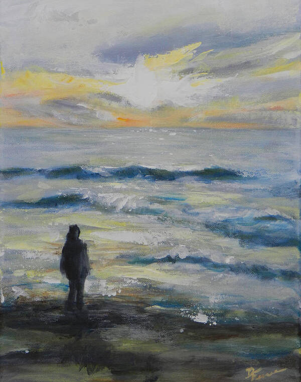 Ocean Art Print featuring the painting Leah making wish at sunset by Deborah Ferree