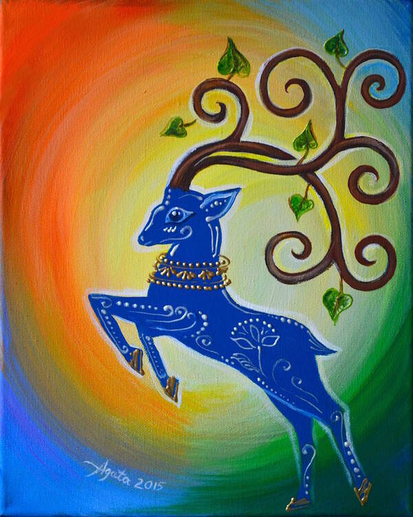 Stag Art Print featuring the painting Leap into Happiness by Agata Lindquist
