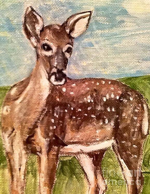 Nature Scene Deer Painting Up Close Spiritual Message View Of A Golden And Chestnut Brown Doe With Spots Blue Skies And Soft Sunlight Green Pasture Acrylic Painting Art Print featuring the painting Listening to the Creator's Voice Up Close by Kimberlee Baxter