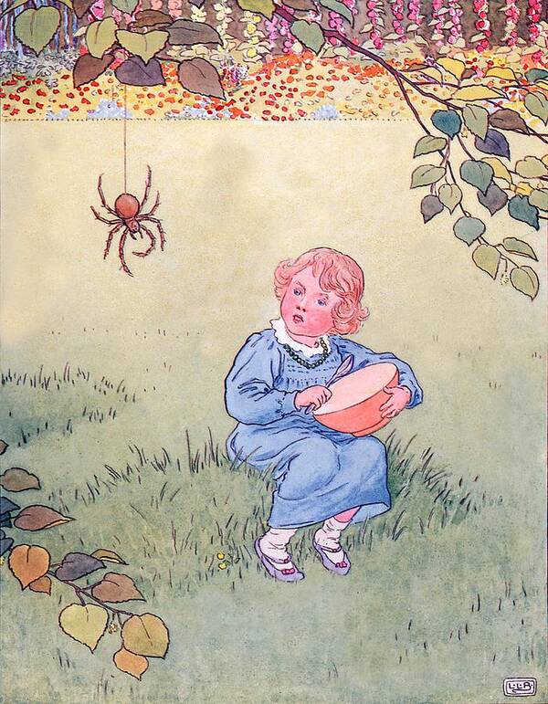 Nursery; Rhyme; Rhymes; Songs; Little Miss Muffet; Spider; Curds; Eating Art Print featuring the drawing Little Miss Muffet by Leonard Leslie Brooke