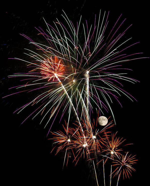 Abstract Art Print featuring the photograph Looks Like Flowers - Fireworks and Moon by Penny Lisowski