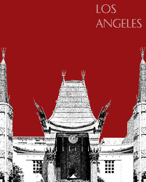 Architecture Art Print featuring the digital art Los Angeles Skyline Graumans Chinese Theater - Dark Red by DB Artist
