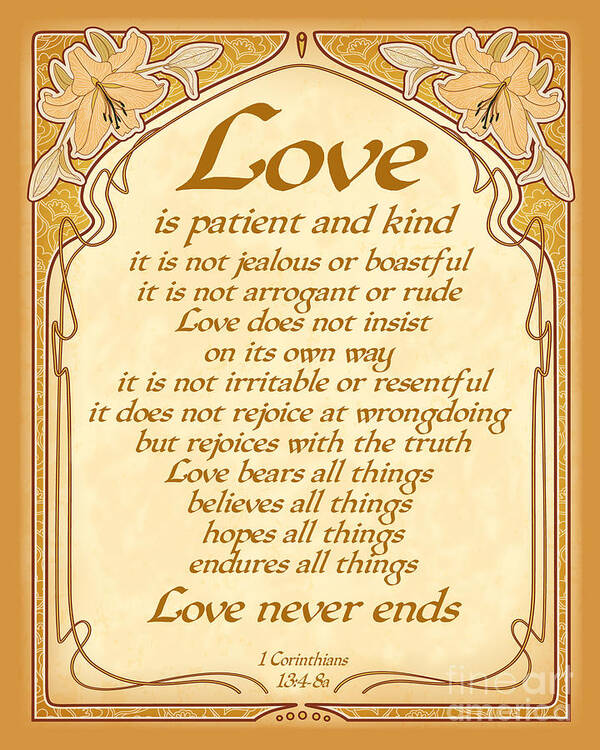 Love Is Patient Art Print featuring the digital art Love Is Patient - Gold Art Nouveau Style by Ginny Gaura