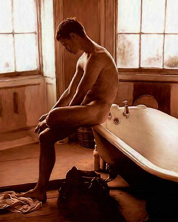 Naked Man Art Print featuring the painting Man and Bath by Troy Caperton