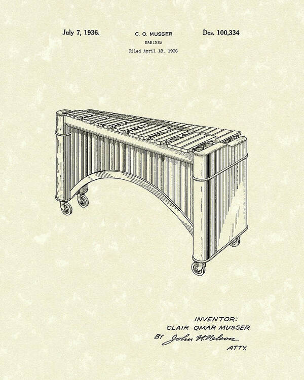 Musser Art Print featuring the drawing Marimba 1936 Patent Art by Prior Art Design