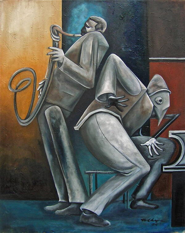 Jazz Thelonious Monk John Coltrane Saxophone Piano Art Print featuring the painting Memorial 5 Spot by Martel Chapman