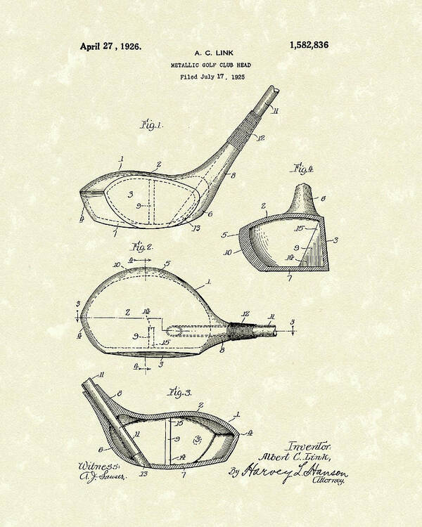 Link Art Print featuring the drawing Metallic Golf Club Head 1926 Patent Art by Prior Art Design