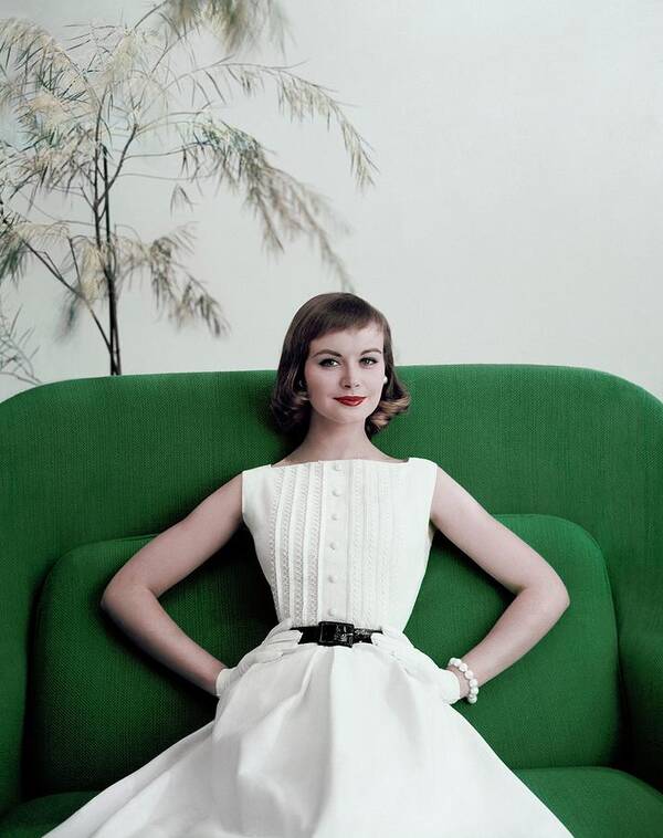 One Person Art Print featuring the photograph Model Phyllis Newell Sitting On A Green Sofa by Frances McLaughlin-Gill