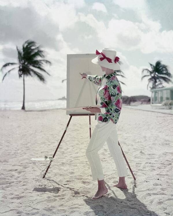 One Person Art Print featuring the photograph Model Standing On A Beach In Front Of An Easel by Frances McLaughlin-Gill