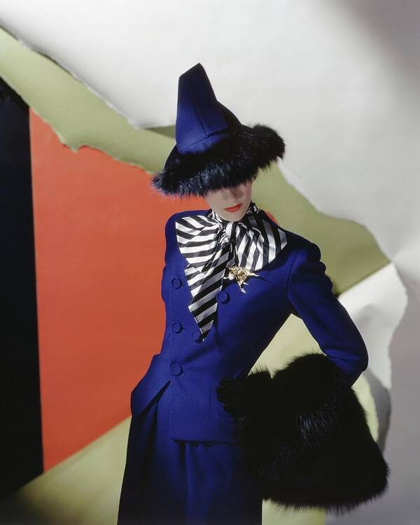 Studio Shot Art Print featuring the photograph Model Wearing Blue Suit And Hat by Horst P. Horst