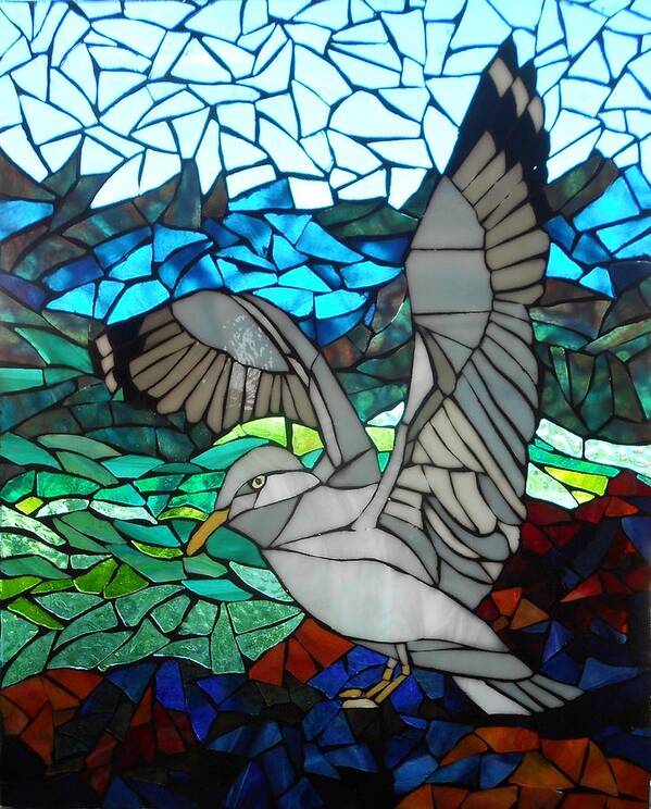 Mosaic Art Print featuring the glass art Mosaic Stained Glass - Blue Rocks by Catherine Van Der Woerd