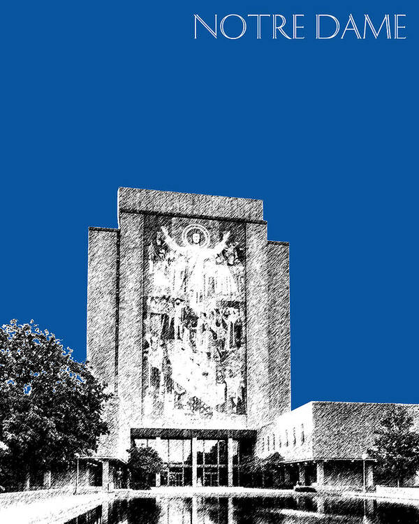 Architecture Art Print featuring the digital art Notre Dame University Skyline Hesburgh Library - Royal Blue by DB Artist