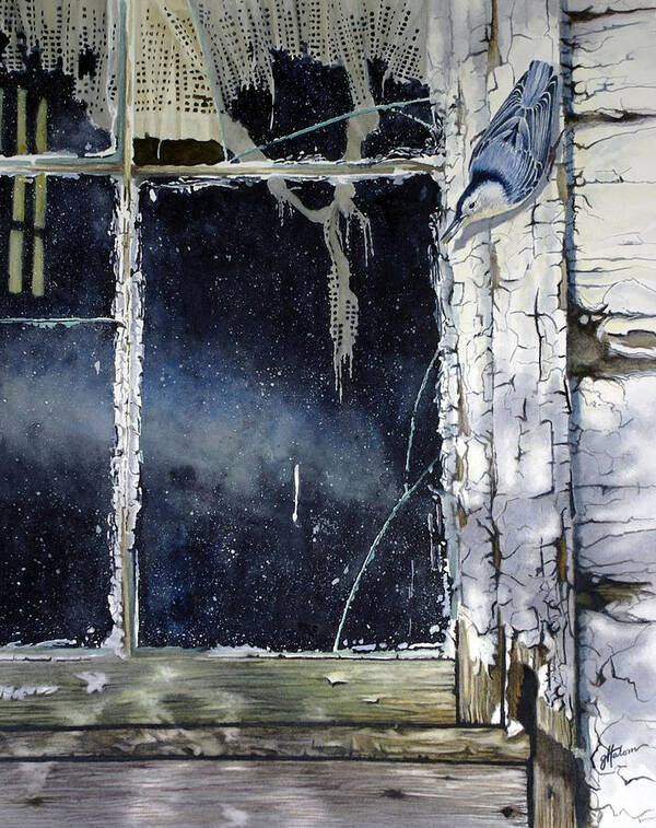 Nuthatch Art Print featuring the painting Nuthatch and Window by Greg and Linda Halom