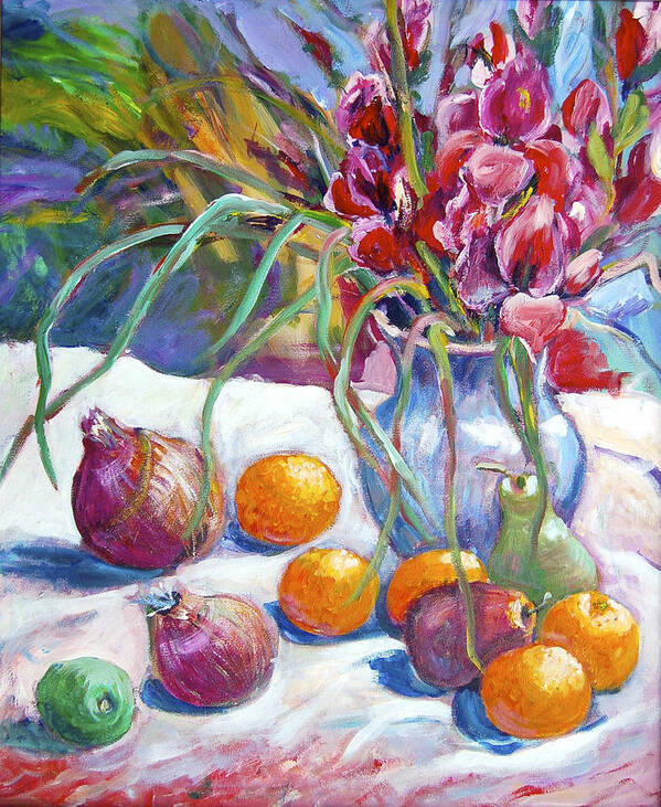 Gladiolas Art Print featuring the painting Onions and Oranges by Ingrid Dohm