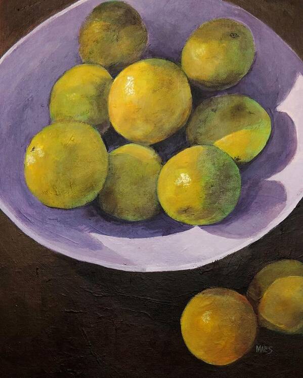 Oranges Art Print featuring the painting Oranges In Violet Bowl by Walt Maes