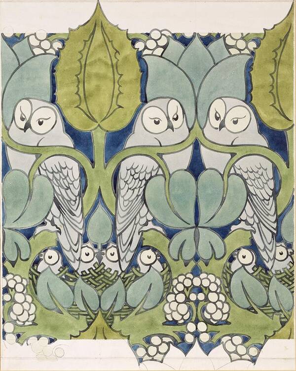 Textile Or Wallpaper Design Art Print featuring the painting Owls, 1913 by Charles Francis Annesley Voysey