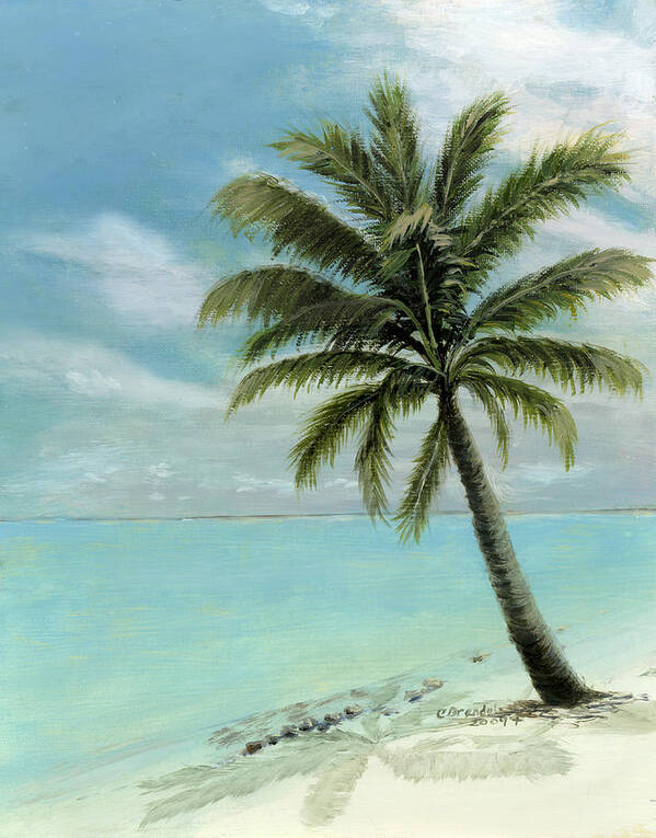 Original Oil On Canvas Cecilia Brendel Palm Tree Ocean Scene Turquoise Waters Cabos Bahamas Florida Keys Hawaii Turks And Caicos Clear Blue Sky Tranquil White Sand Beach Italy Italian Art Print featuring the painting Palm Tree Study by Cecilia Brendel