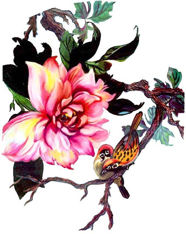 Peony Art Print featuring the mixed media Peony and Birds by Anthony Seeker