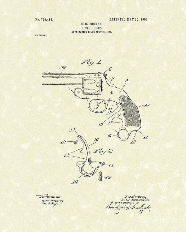 Bourne Art Print featuring the drawing Pistol Grip 1904 Patent Art by Prior Art Design