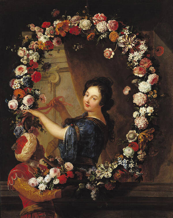 Female Art Print featuring the photograph Portrait Of A Woman Surrounded By Flowers, Presumed To Be Julie Dangennes Oil On Canvas by J-B. Belin de Fontenay