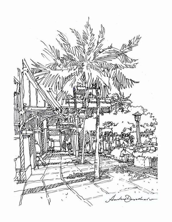 Streetscape.at Grand Cayman Resort Architecture Art Print featuring the drawing Promenade by Andrew Drozdowicz