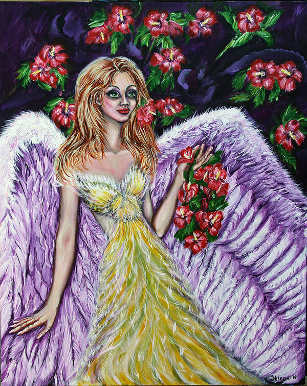 Angel Art Print featuring the painting Purple Angel Of Love by Yelena Rubin