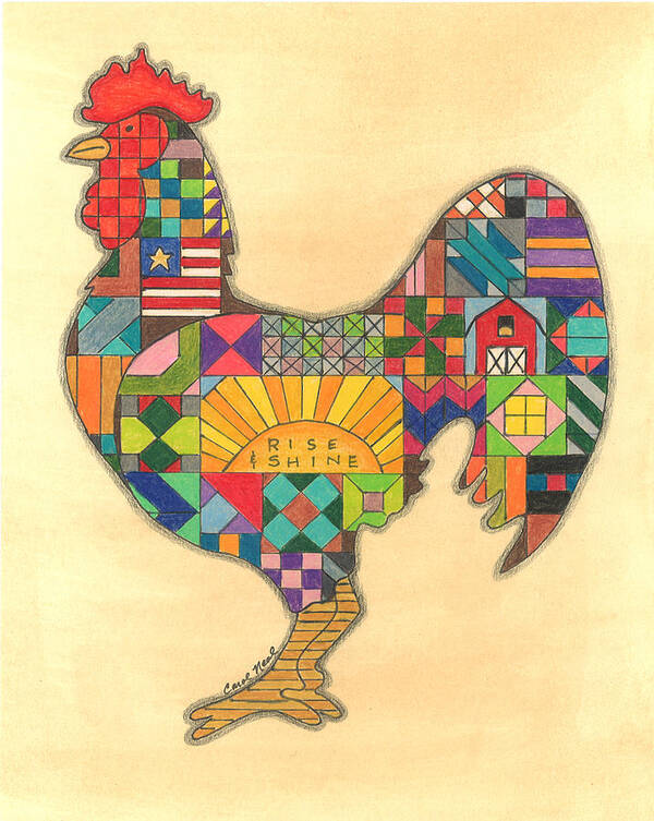 Rooster Art Print featuring the drawing Quilted Rooster by Carol Neal