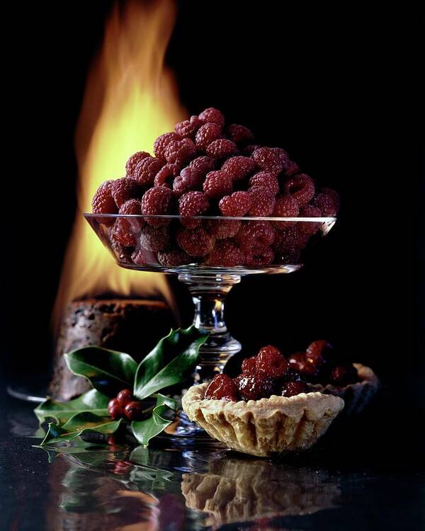 Food Art Print featuring the photograph Raspberries In A Glass Serving Dish With Tarts by Fotiades