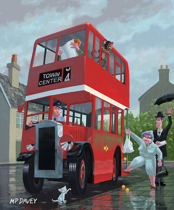 Red Bus Art Print featuring the painting Red Bus Stop Queue by Martin Davey