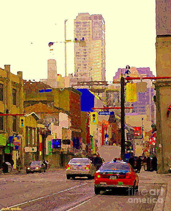 Toronto Art Print featuring the painting Red Cab On Gerrard Chinatown Morning Toronto City Scape Paintings Canadian Urban Art Carole Spandau by Carole Spandau