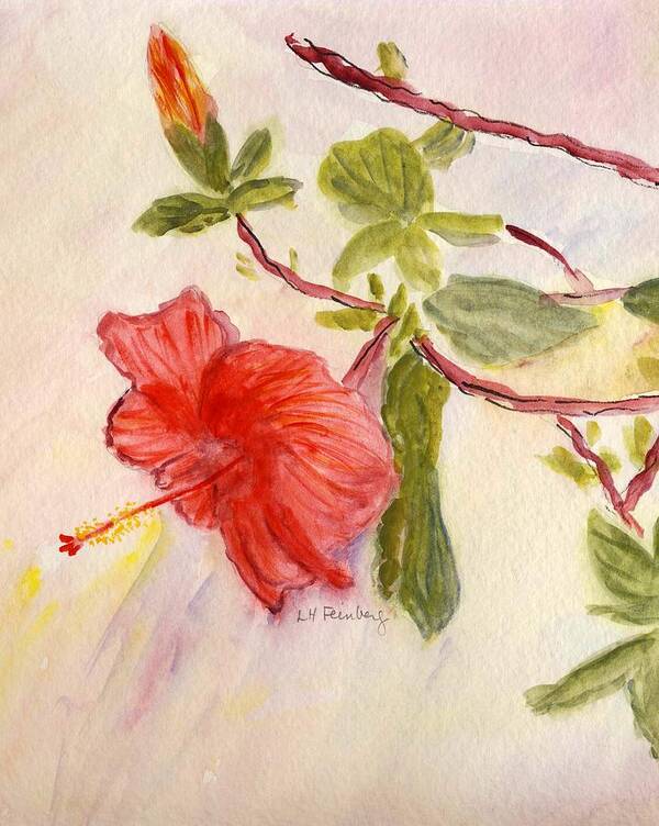 Flowers Art Print featuring the painting Red Hibiscus by Linda Feinberg