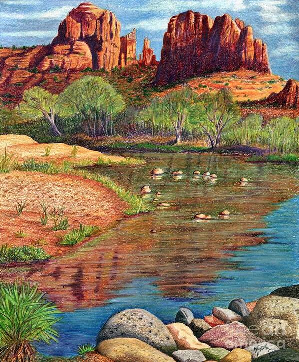 Red Rocks Art Print featuring the drawing Red Rock Crossing-Sedona by Marilyn Smith
